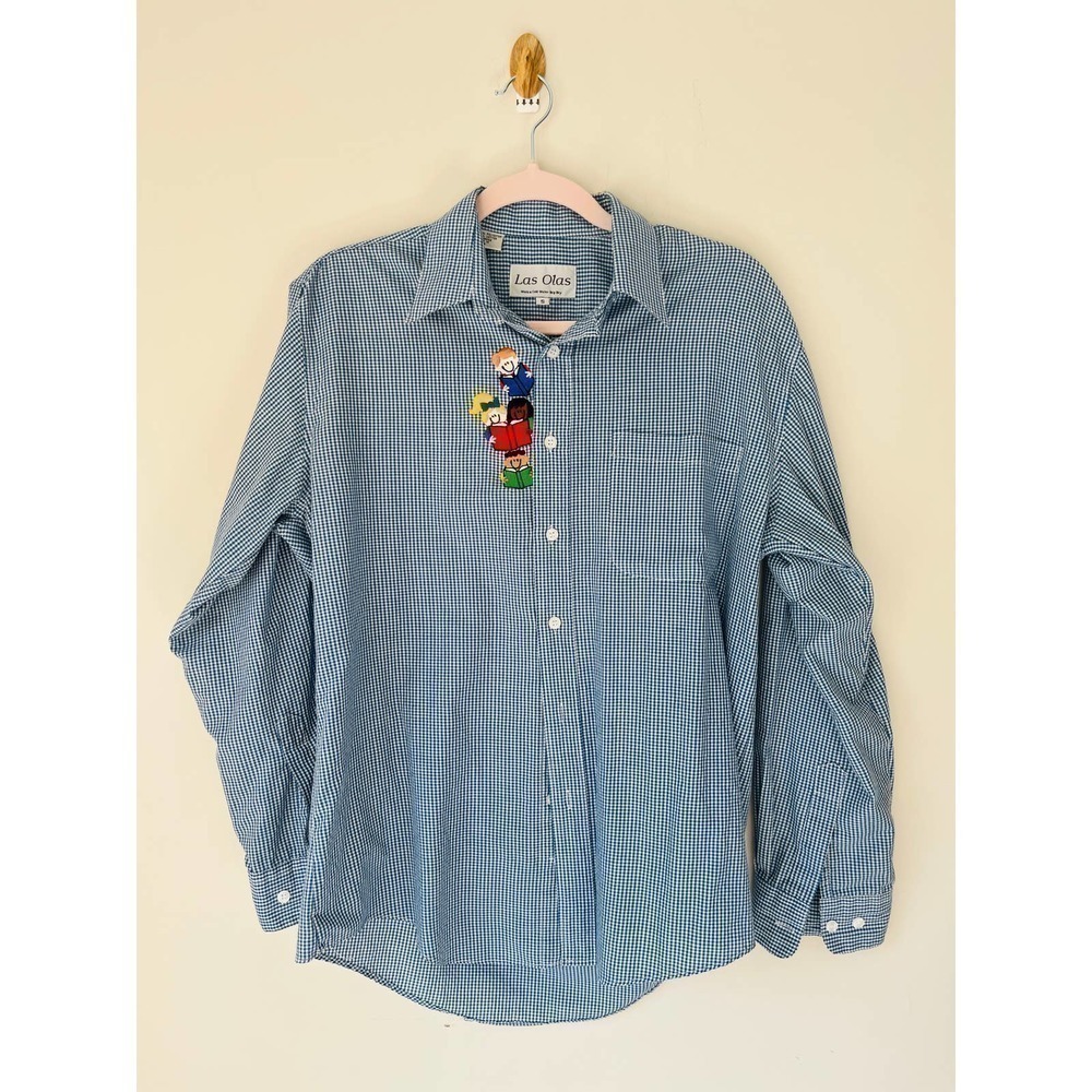 Vintage Las Olas‎ blue gingham button down with children+ books embroidery sz S